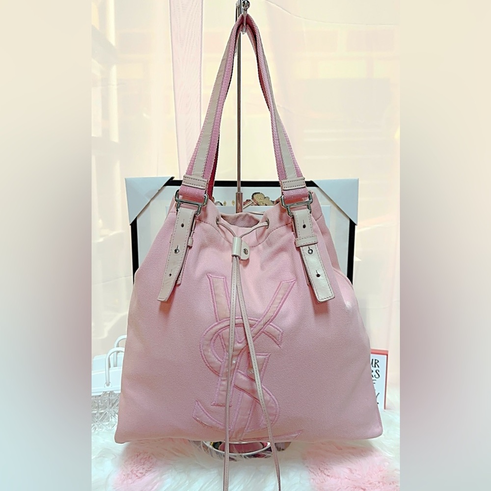 YSL Tote Bag handbag Shoulder bag Kahala Pink Canvas YSL logo drawstring pull